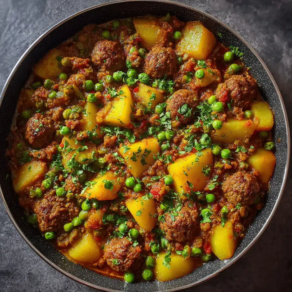 Boulettes de viande mijotées dans un tajine avec petits pois et pommes de terre, servies avec du pain marocain