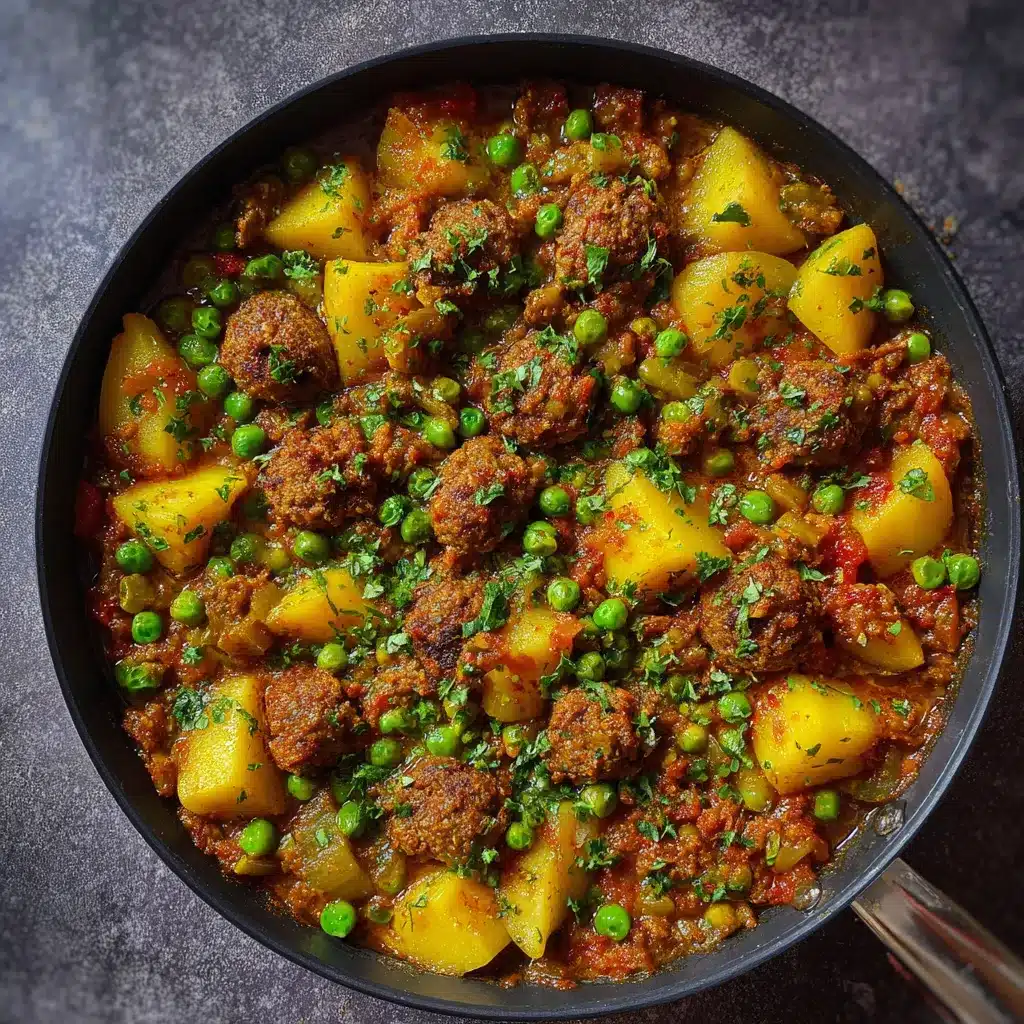 Boulettes de viande mijotées dans un tajine avec petits pois et pommes de terre, servies avec du pain marocain