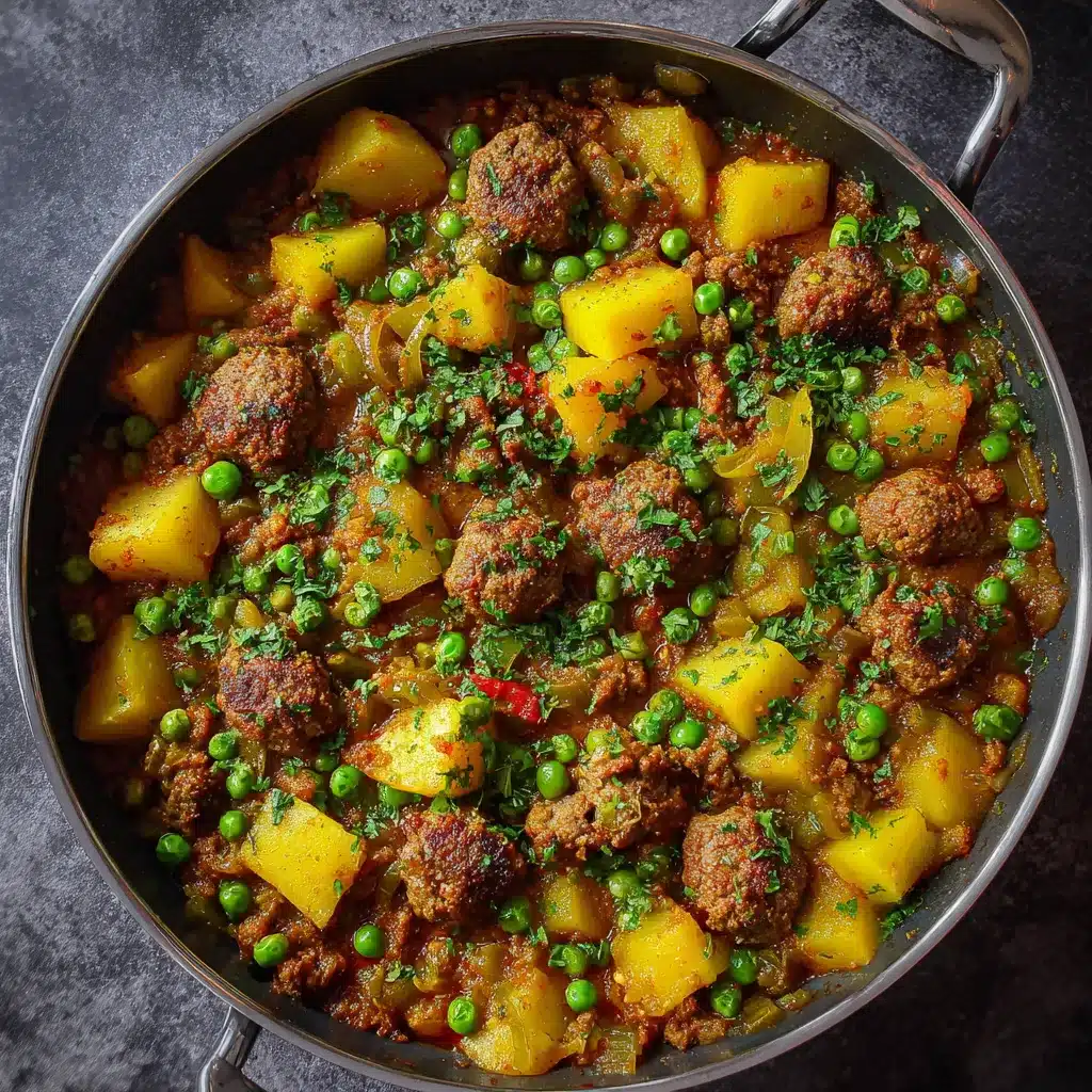 Boulettes de viande mijotées dans un tajine avec petits pois et pommes de terre, servies avec du pain marocain