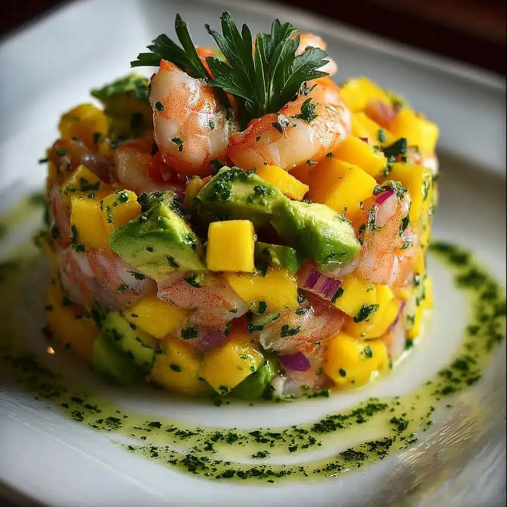 Tartare de crevettes, avocat et mangue servi dans un cercle, garni de coriandre fraîche, sur une assiette blanche.