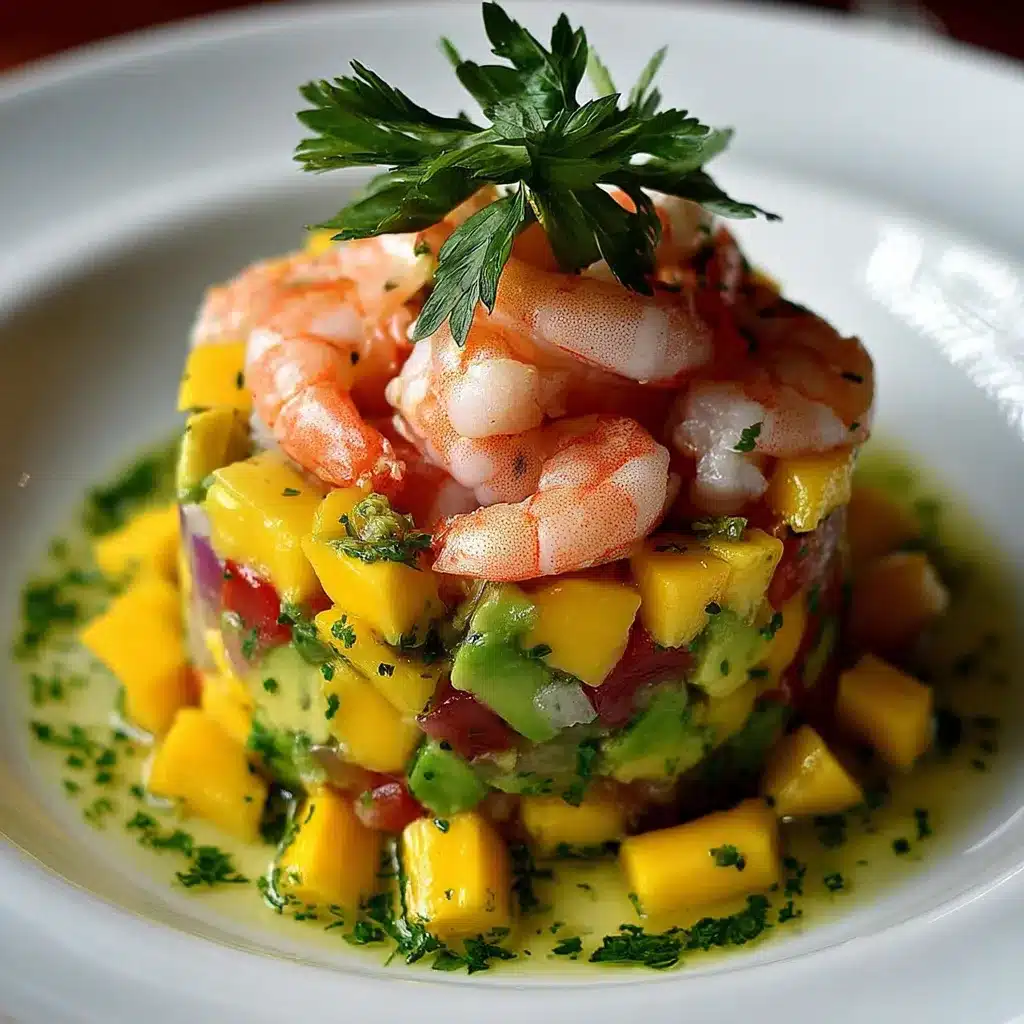 Tartare de crevettes, avocat et mangue servi dans un cercle, garni de coriandre fraîche, sur une assiette blanche.