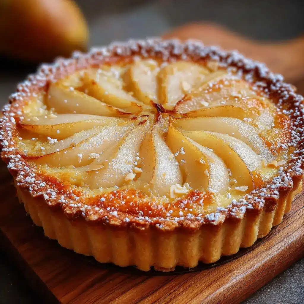 Tarte amandine aux poires maison dorée avec crème d’amande et poires au sirop