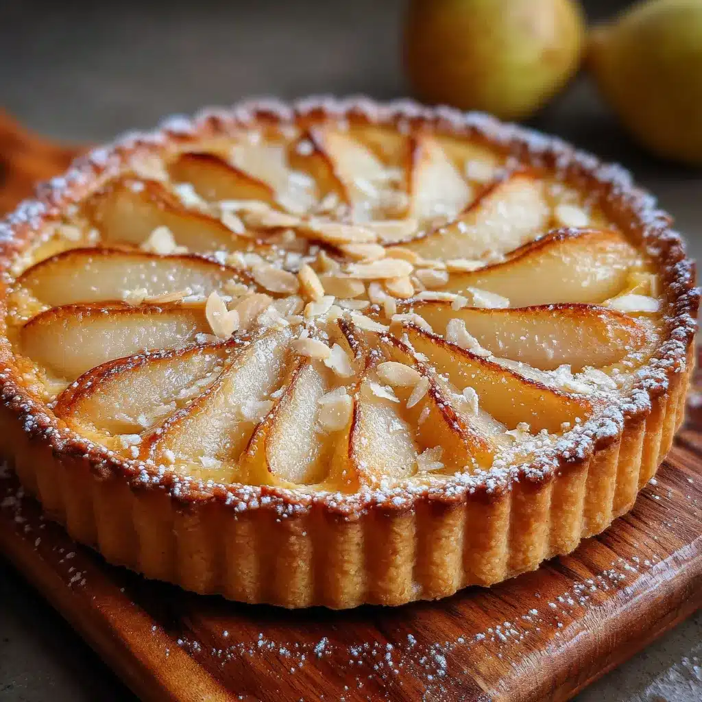 Tarte amandine aux poires maison dorée avec crème d’amande et poires au sirop