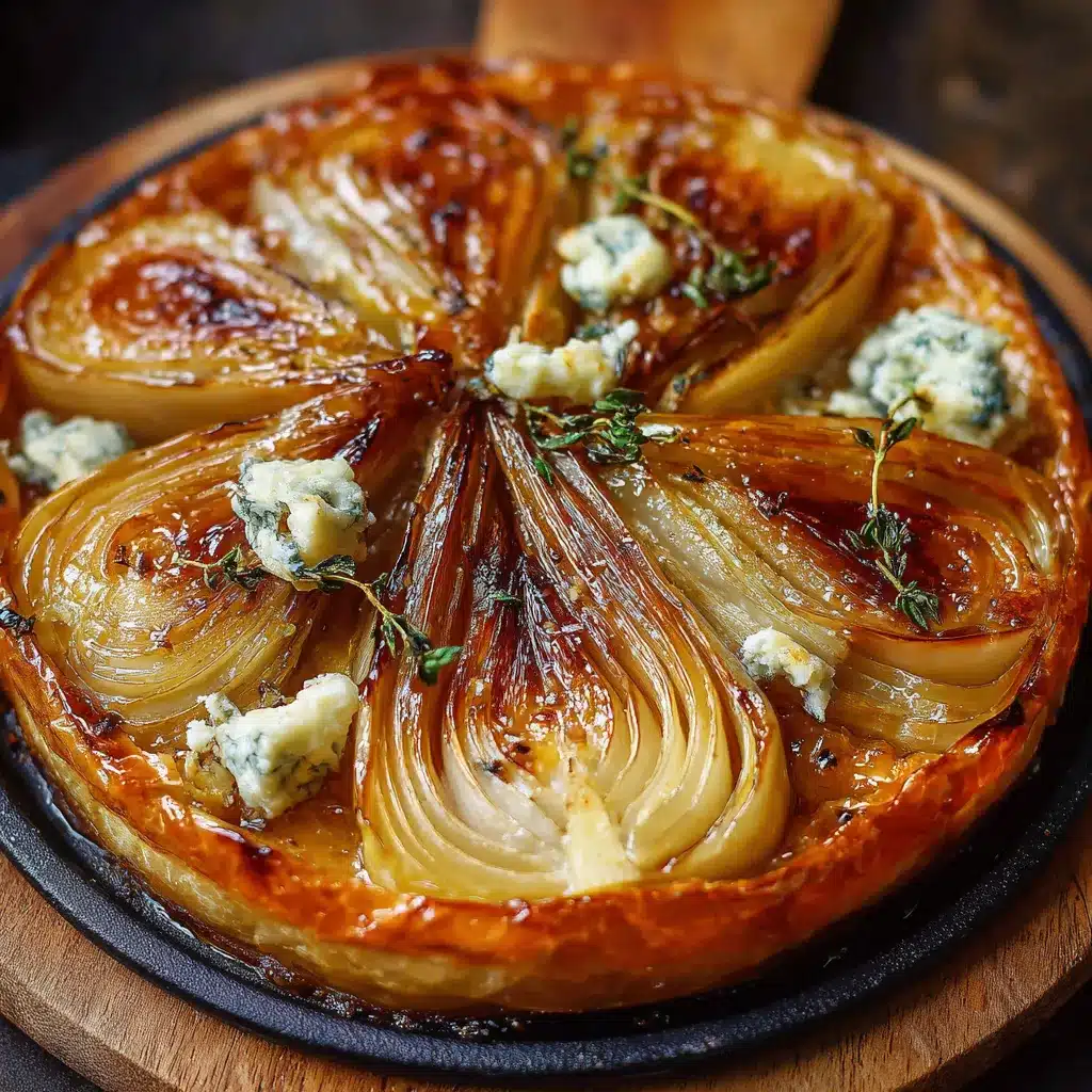 Tarte Tatin aux endives caramélisées et Roquefort dorée, servie chaude avec salade verte
