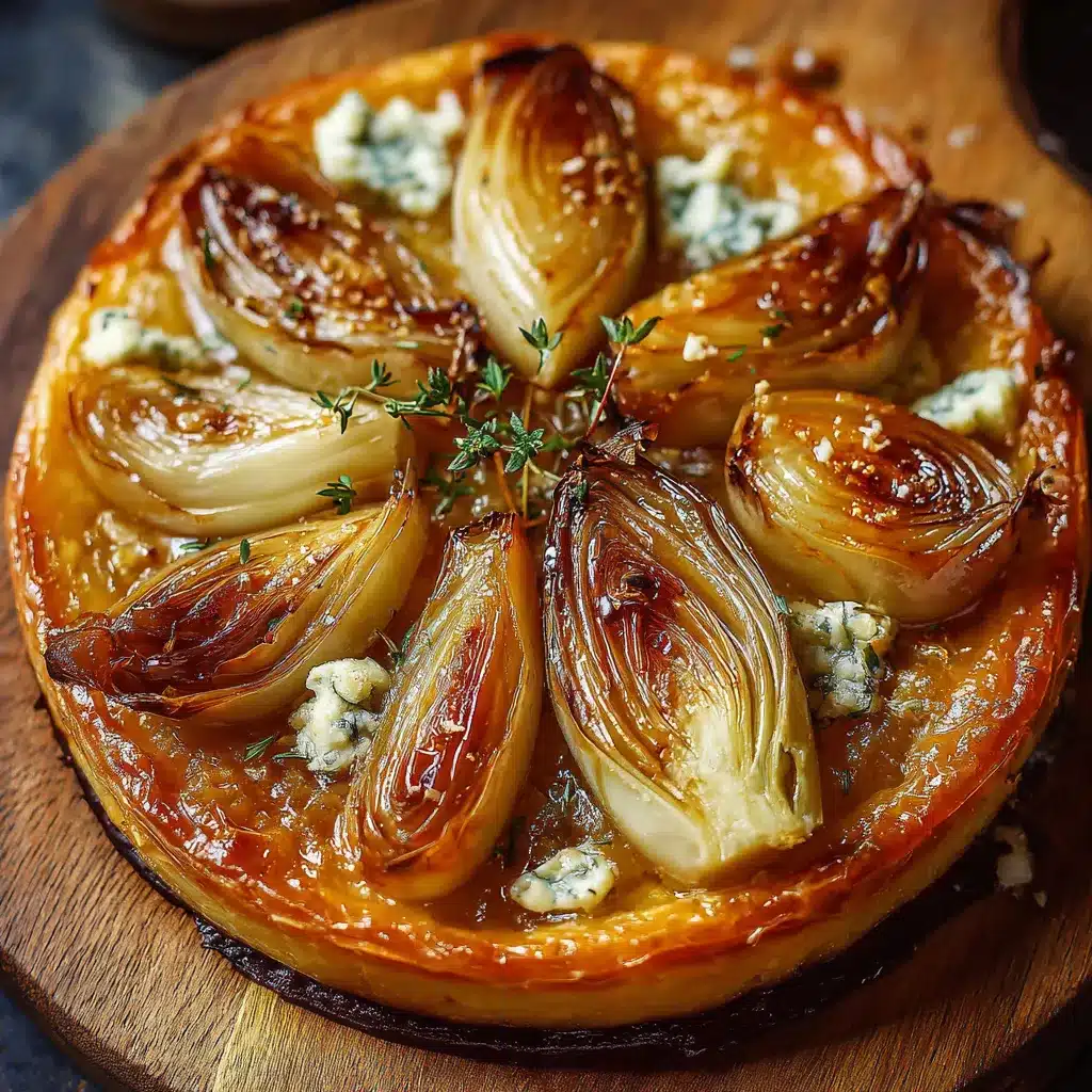 Tarte Tatin aux endives caramélisées et Roquefort dorée, servie chaude avec salade verte