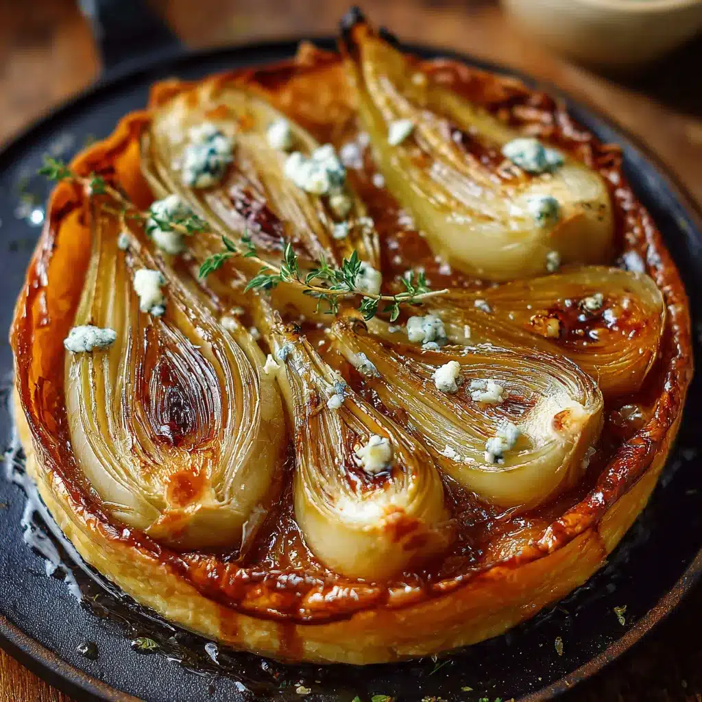 Tarte Tatin aux endives caramélisées et Roquefort dorée, servie chaude avec salade verte