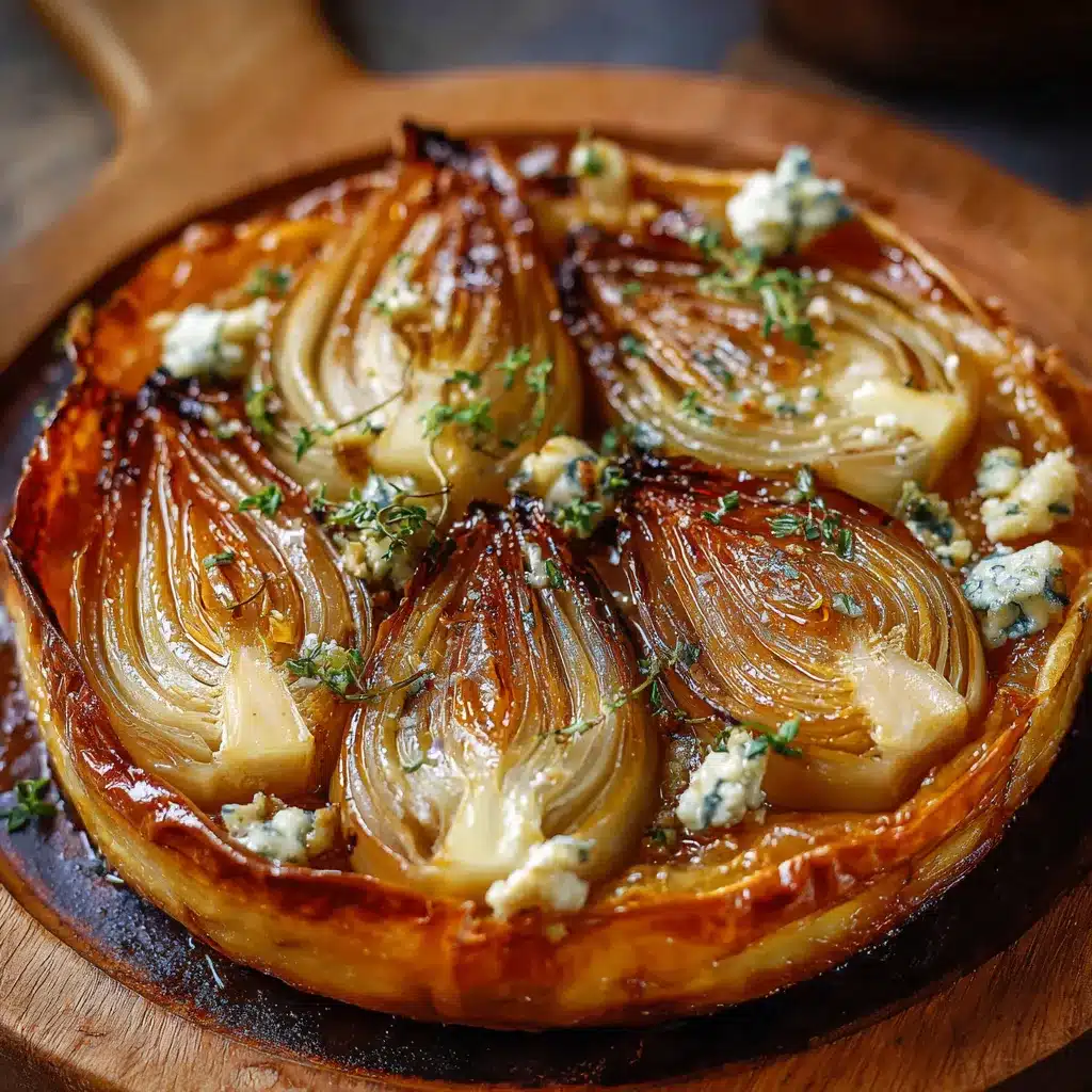 Tarte Tatin aux endives caramélisées et Roquefort dorée, servie chaude avec salade verte