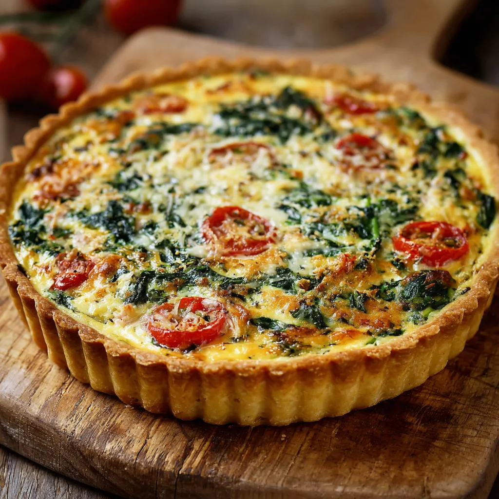 Tarte au thon et épinards maison dorée avec rondelles de tomate