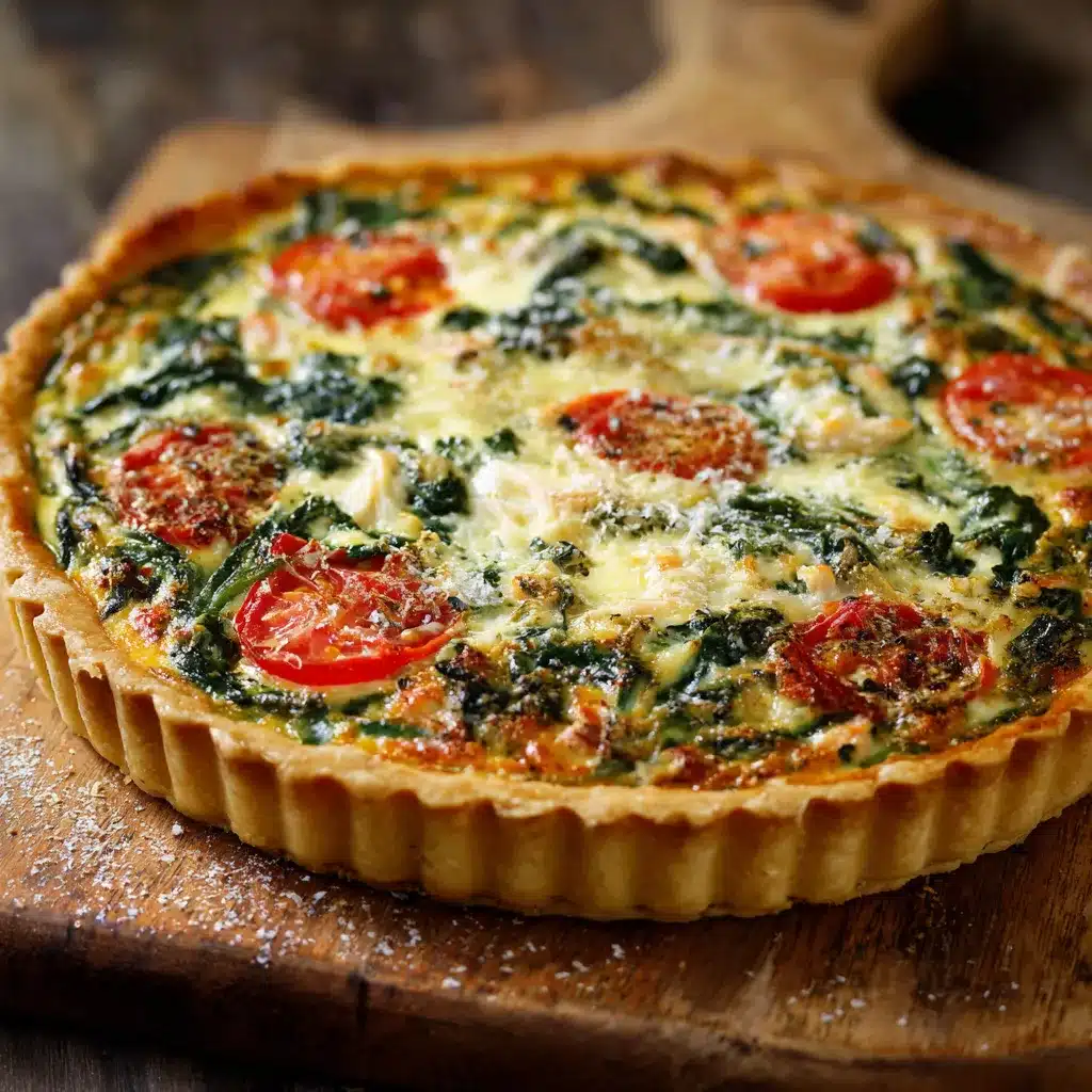 Tarte au thon et épinards maison dorée avec rondelles de tomate