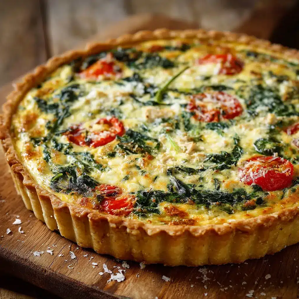 Tarte au thon et épinards maison dorée avec rondelles de tomate