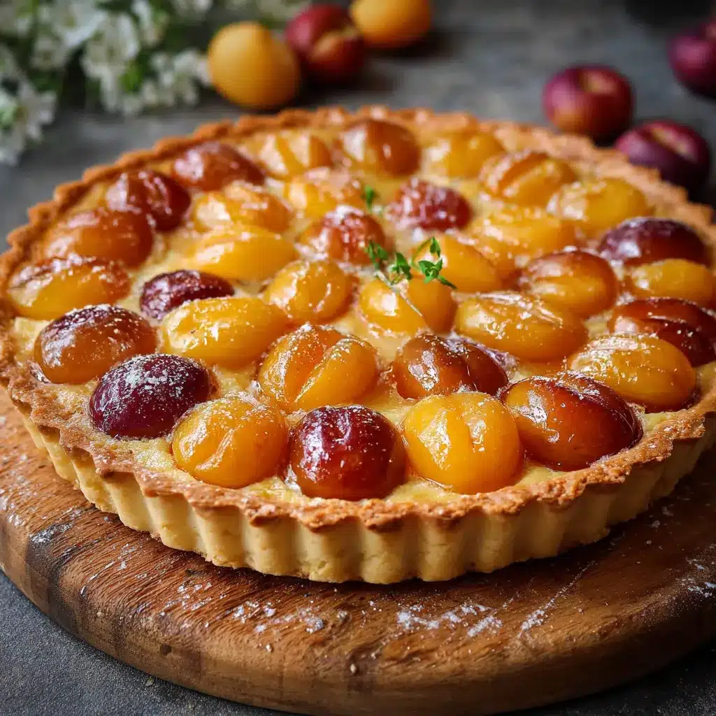 Tarte aux mirabelles dorée sur fond en bois rustique