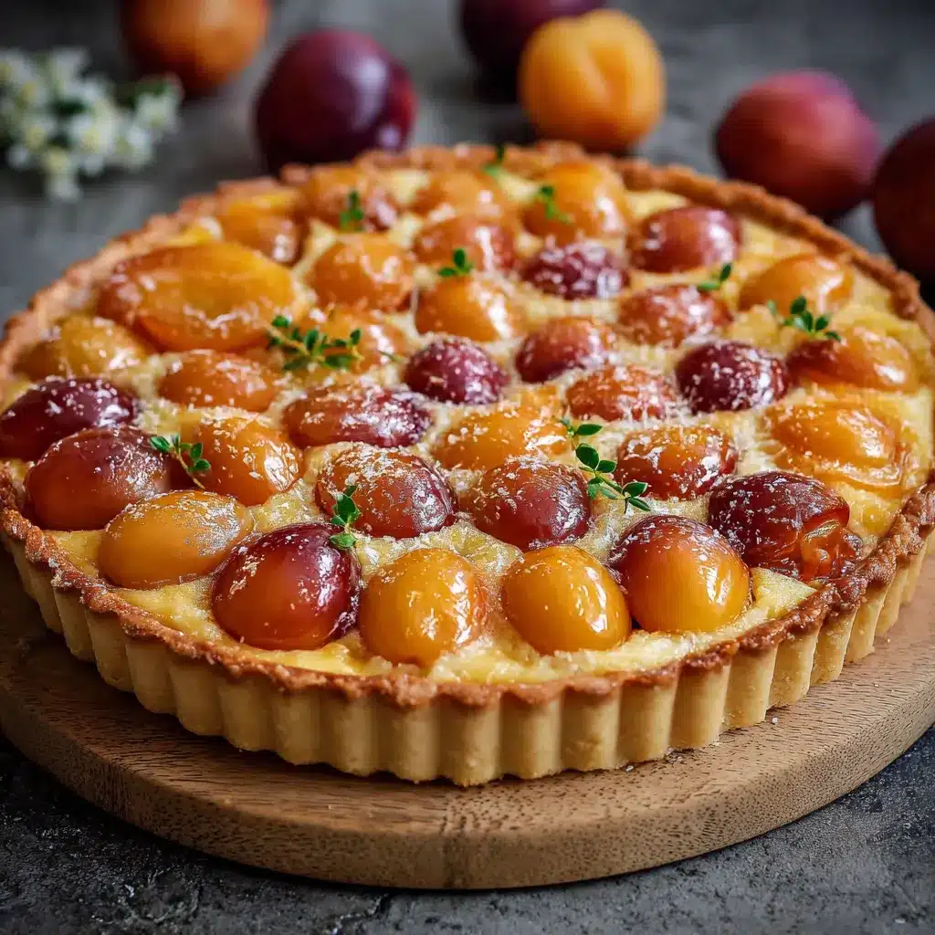 Tarte aux mirabelles dorée sur fond en bois rustique