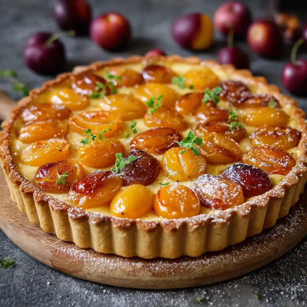 Tarte aux mirabelles dorée sur fond en bois rustique