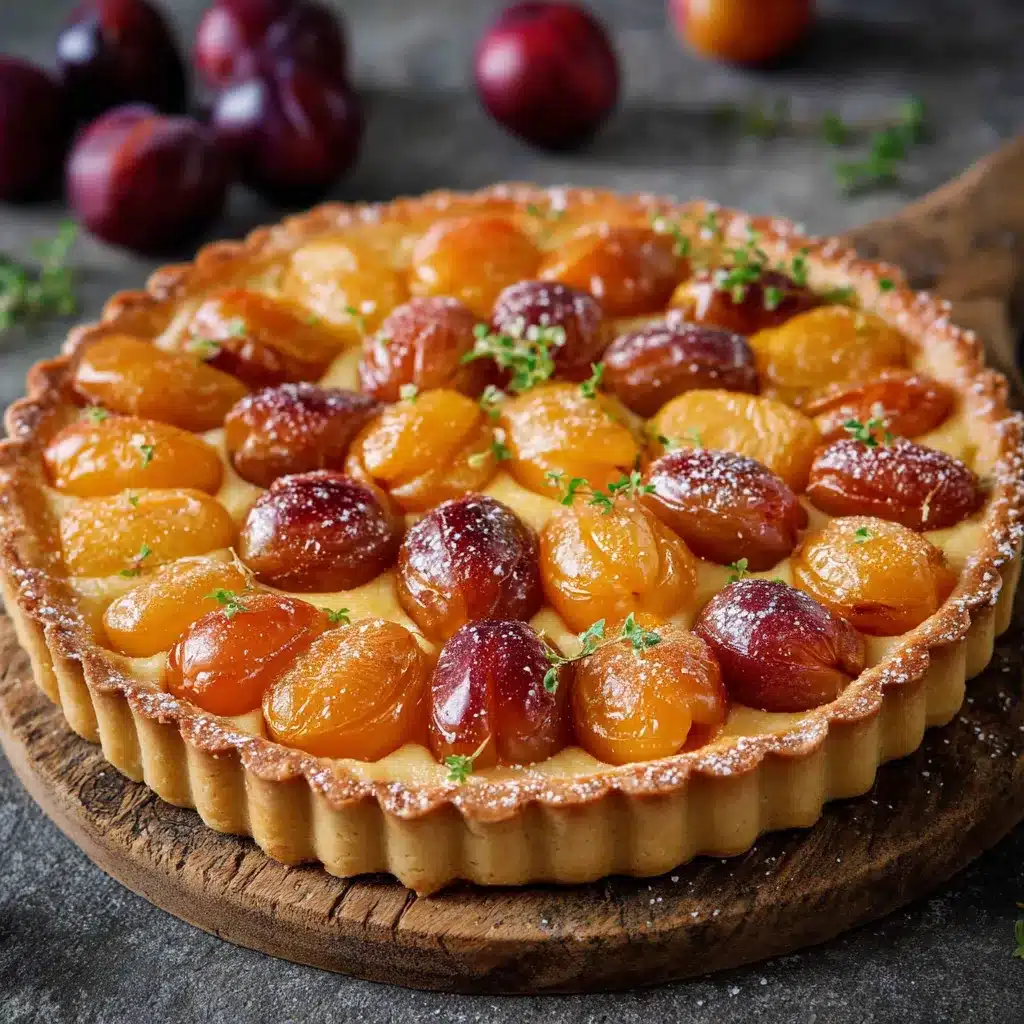 Tarte aux mirabelles dorée sur fond en bois rustique