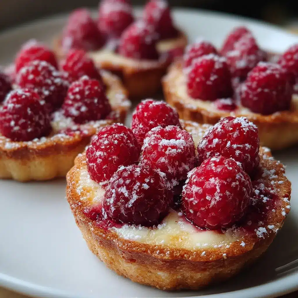 Tartelettes sans pâte aux framboises dorées, parsemées de sucre glace