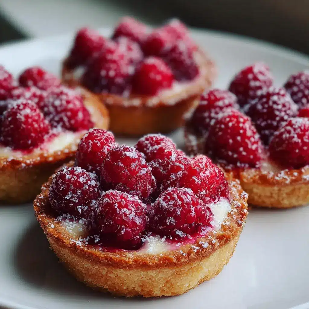 Tartelettes sans pâte aux framboises dorées, parsemées de sucre glace