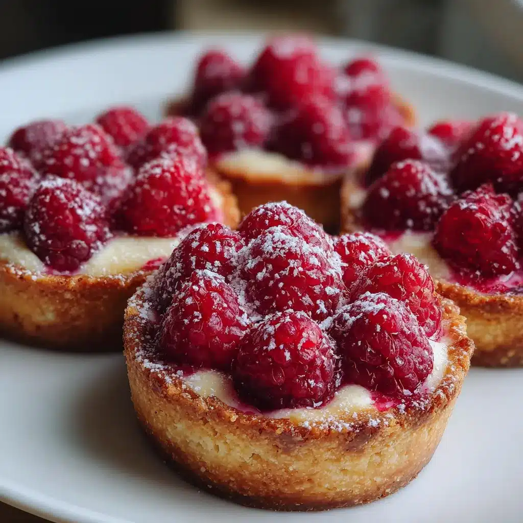 Tartelettes sans pâte aux framboises dorées, parsemées de sucre glace
