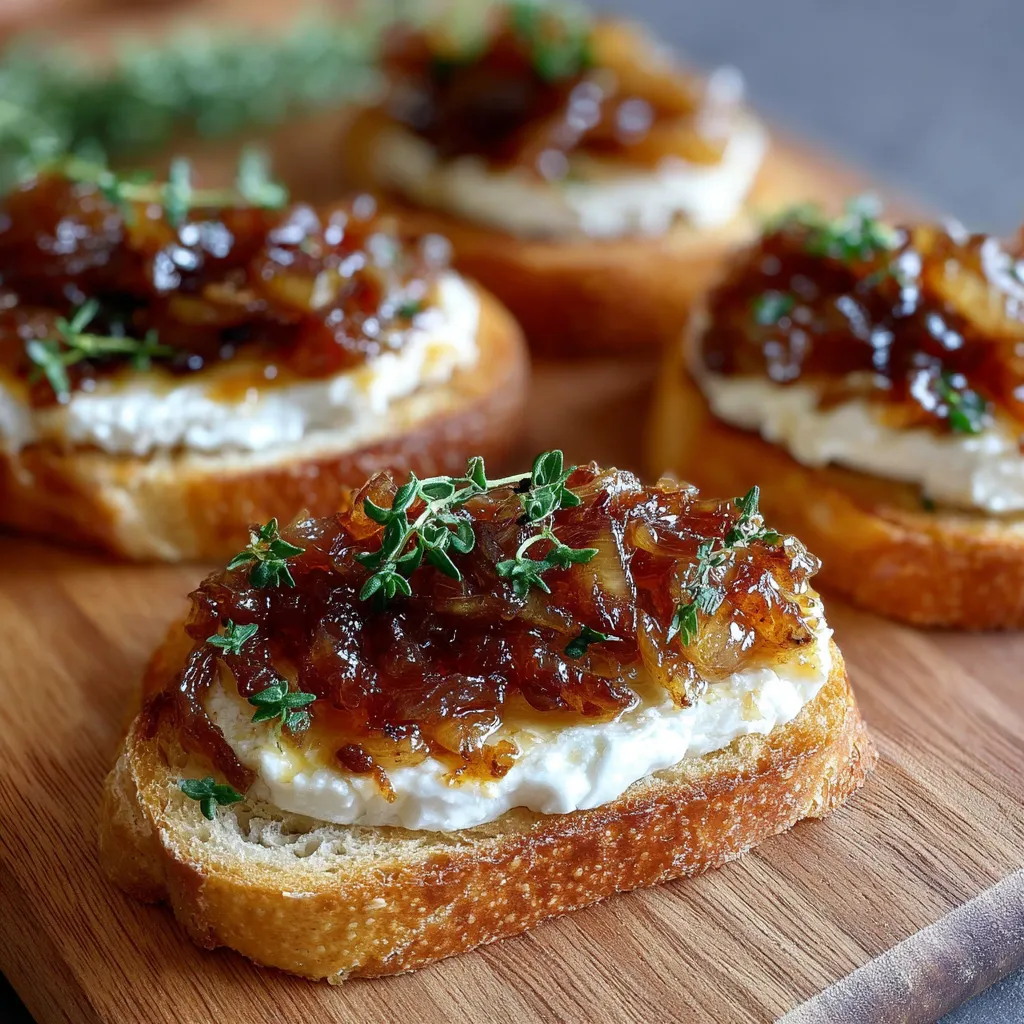 Toasts au chèvre chaud sortis du four garnis de compotée d’oignons au miel sur pain de campagne rustique