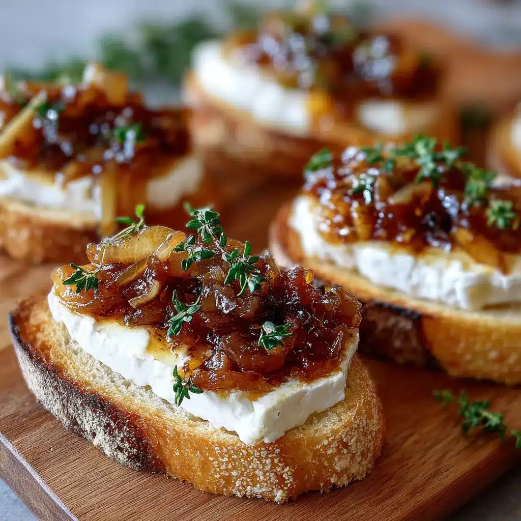 Toasts au chèvre chaud sortis du four garnis de compotée d’oignons au miel sur pain de campagne rustique