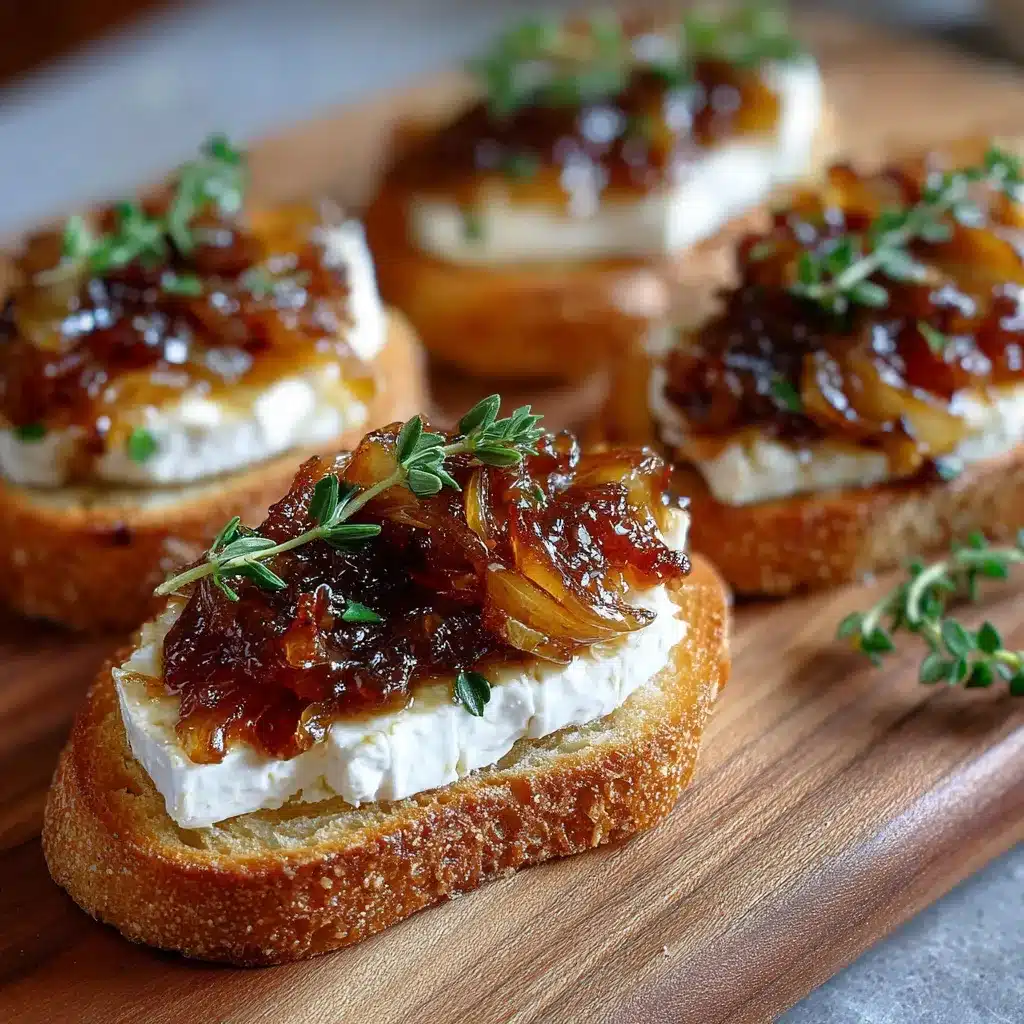 Toasts au chèvre chaud sortis du four garnis de compotée d’oignons au miel sur pain de campagne rustique