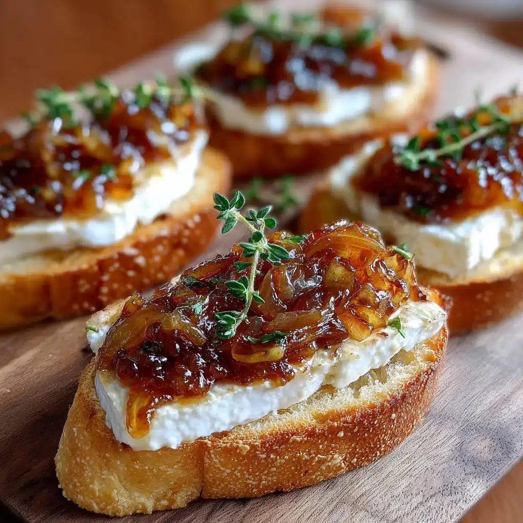Toasts au chèvre chaud sortis du four garnis de compotée d’oignons au miel sur pain de campagne rustique