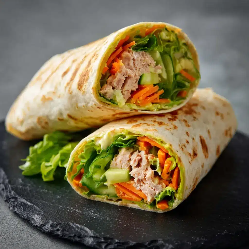 Wrap croustillant au thon et crudités servi en deux moitiés dorées