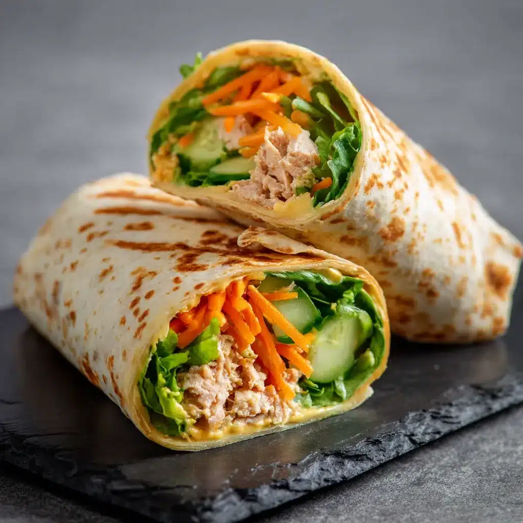 Wrap croustillant au thon et crudités servi en deux moitiés dorées
