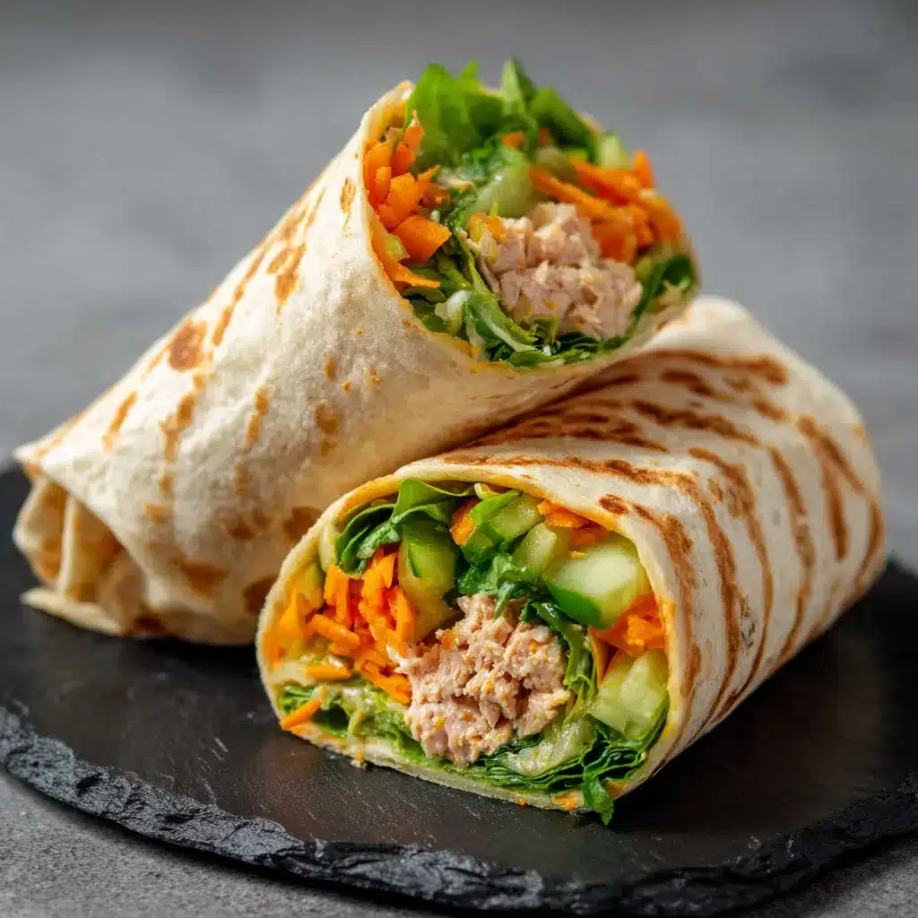 Wrap croustillant au thon et crudités servi en deux moitiés dorées