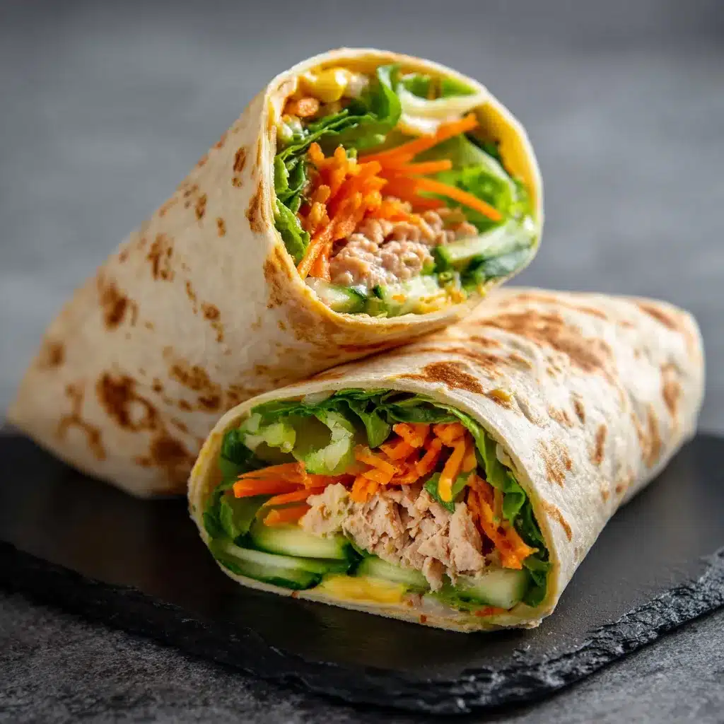 Wrap croustillant au thon et crudités servi en deux moitiés dorées