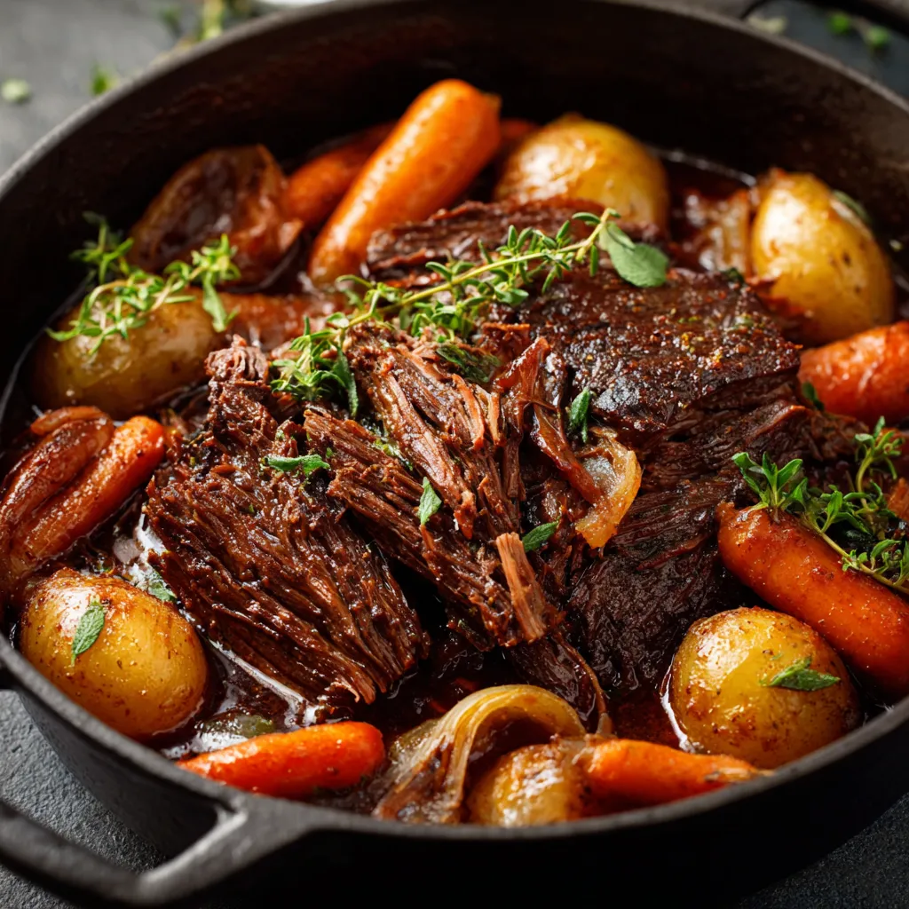Bœuf effiloché mijoté dans une cocotte avec légumes fondants et jus parfumé