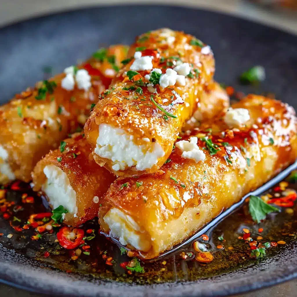 Roulés croustillants de feta nappés de miel épicé, servis sur une assiette blanche