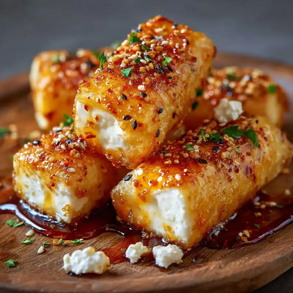 Roulés croustillants de feta nappés de miel épicé, servis sur une assiette blanche