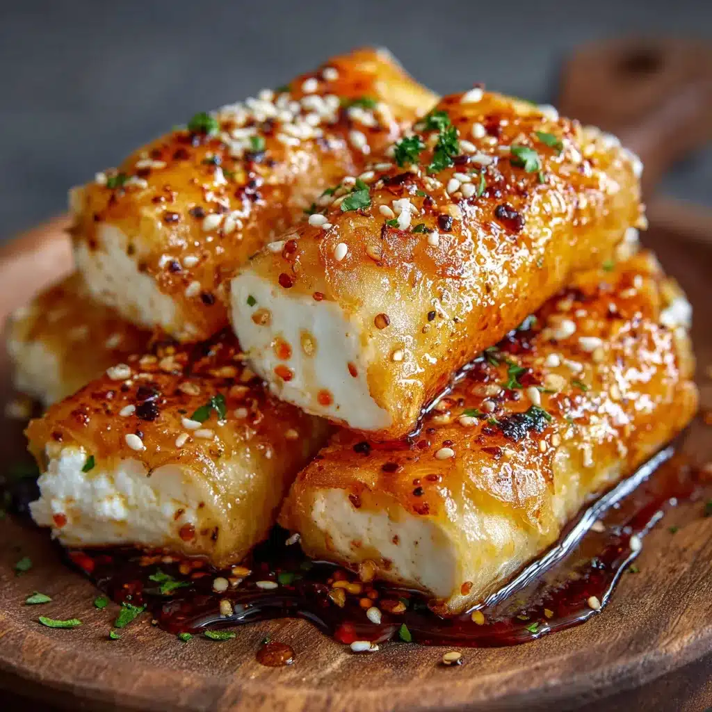 Roulés croustillants de feta nappés de miel épicé, servis sur une assiette blanche