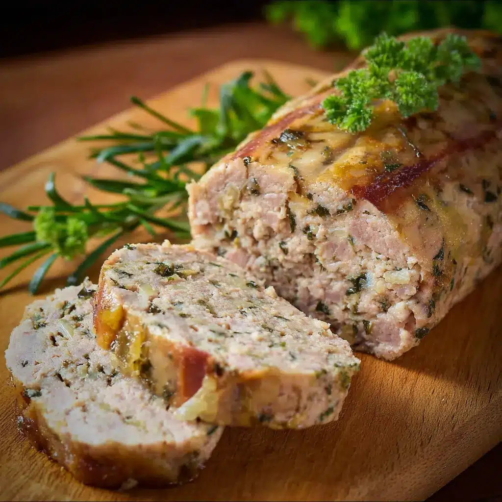 Terrine de pâté de campagne sans porc servie avec cornichons et baguette