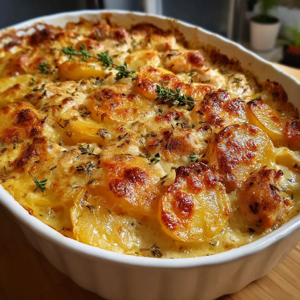 Casserole de pommes de terre et poulet crémeuse servie chaude dans un plat à gratin