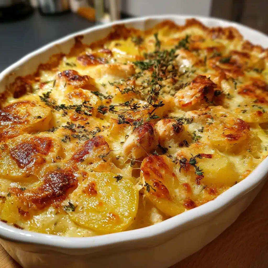 Casserole de pommes de terre et poulet crémeuse servie chaude dans un plat à gratin