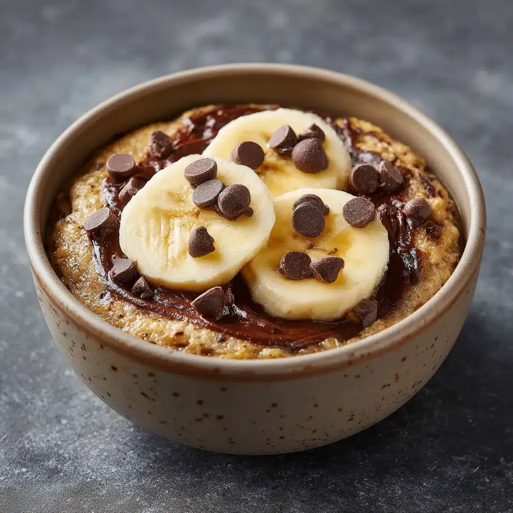 Bowl cake banane-choco moelleux servi dans un bol blanc avec pépites de chocolat fondantes