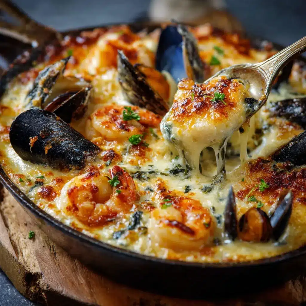 Gratin doré de cabillaud aux crevettes et moules servi dans un plat en céramique, prêt à être dégusté.