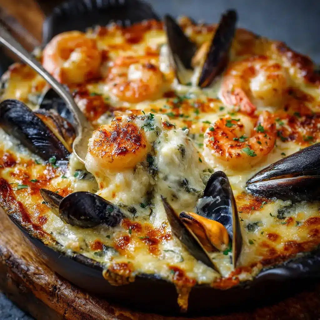 Gratin doré de cabillaud aux crevettes et moules servi dans un plat en céramique, prêt à être dégusté.