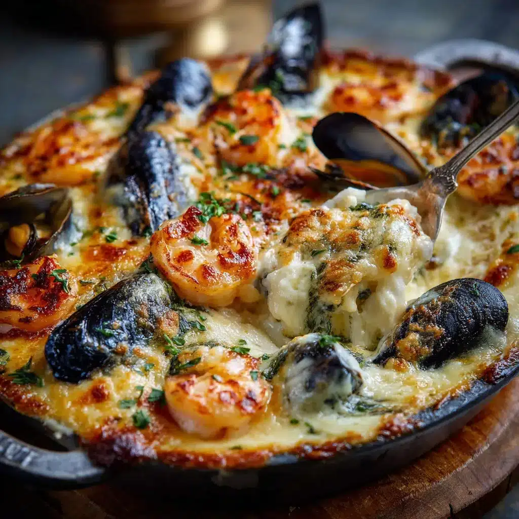 Gratin doré de cabillaud aux crevettes et moules servi dans un plat en céramique, prêt à être dégusté.