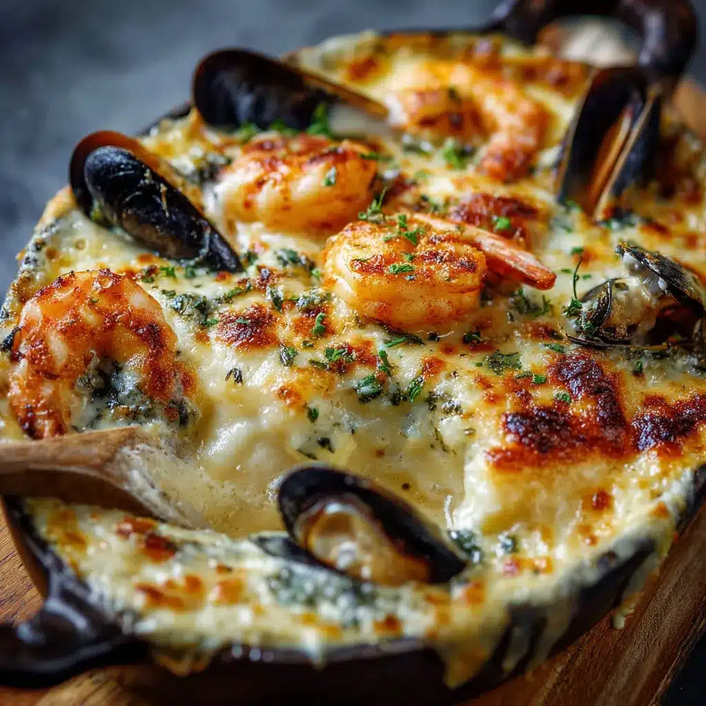 Gratin doré de cabillaud aux crevettes et moules servi dans un plat en céramique, prêt à être dégusté.