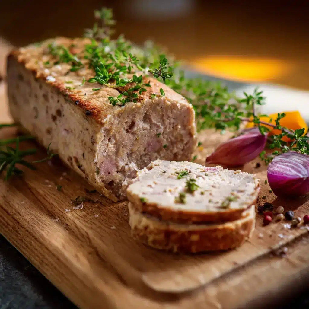 Terrine de pâté de campagne sans porc servie avec cornichons et baguette