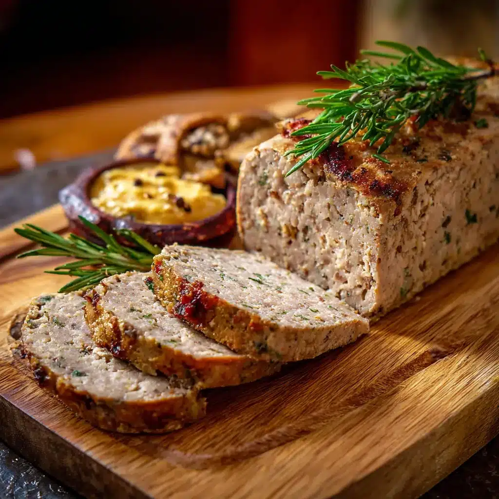 Terrine de pâté de campagne sans porc servie avec cornichons et baguette