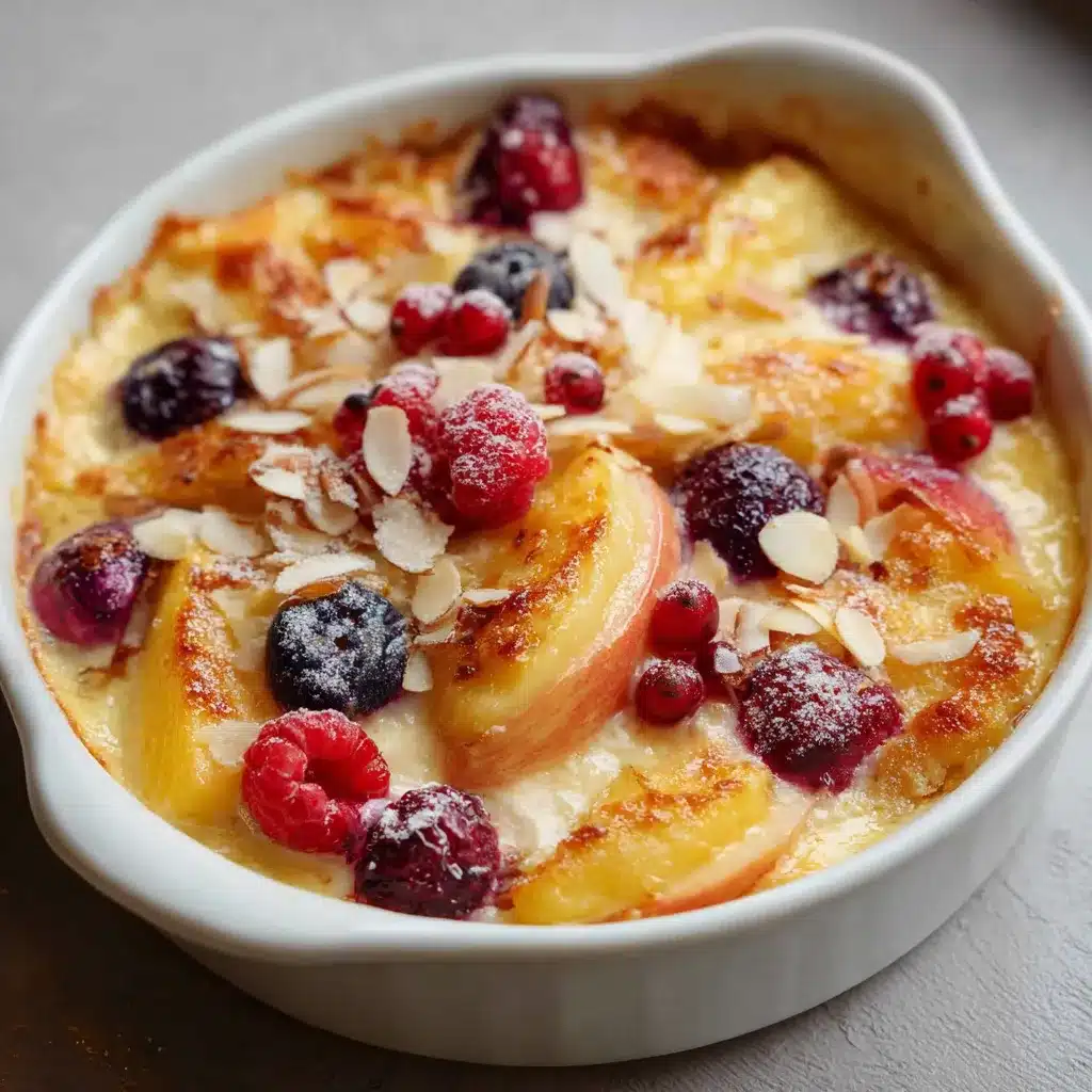 Gratin de fruits doré au four avec banane, pomme, poire et fruits rouges