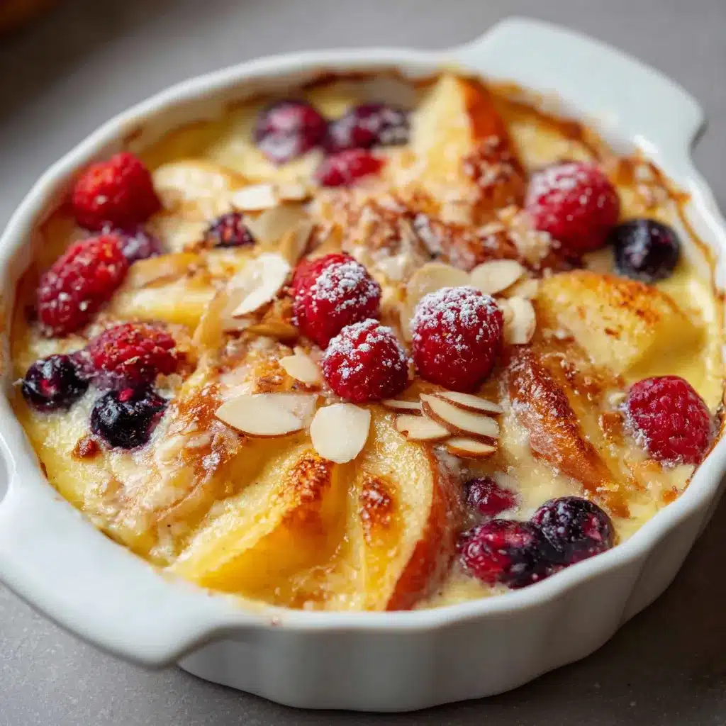 Gratin de fruits doré au four avec banane, pomme, poire et fruits rouges
