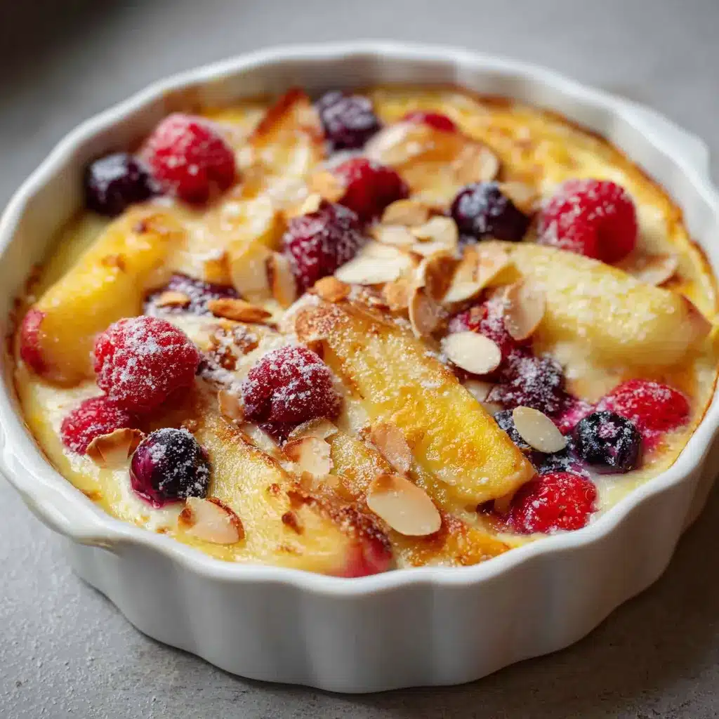 Gratin de fruits doré au four avec banane, pomme, poire et fruits rouges