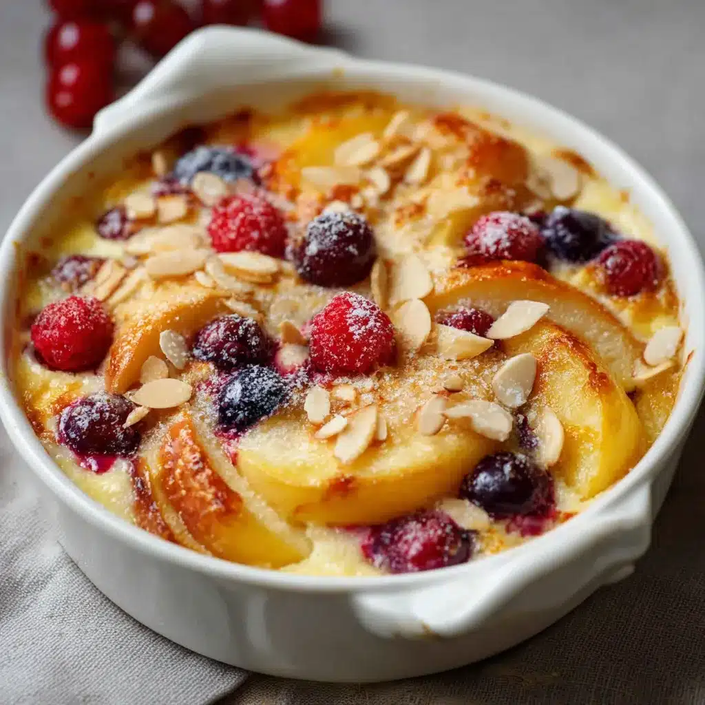 Gratin de fruits doré au four avec banane, pomme, poire et fruits rouges