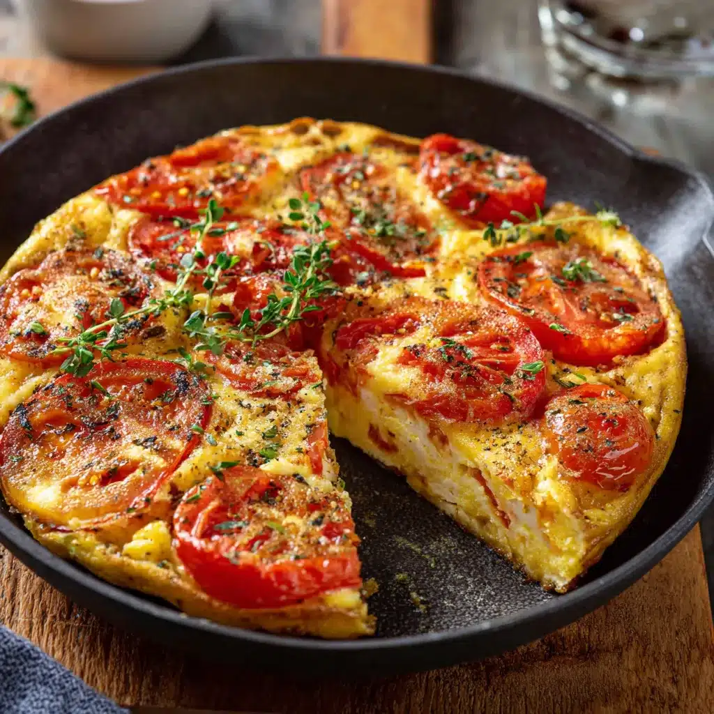Gâteau d’omelette aux tomates doré et moelleux, servi dans un plat en céramique