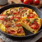 Gâteau d’omelette aux tomates doré et moelleux, servi dans un plat en céramique