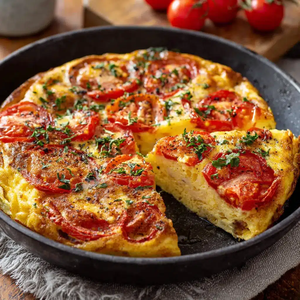 Gâteau d’omelette aux tomates doré et moelleux, servi dans un plat en céramique